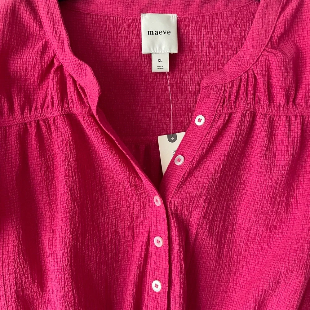 NWT Anthropologie x Maeve short-sleeve v-neck fitted waist top in hot pink XL - Picture 3 of 6